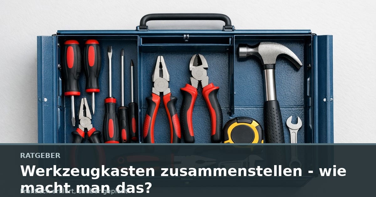 Geöffneter Metallkoffer mit Schraubendrehern, Zangen, Hammer und Maßband.