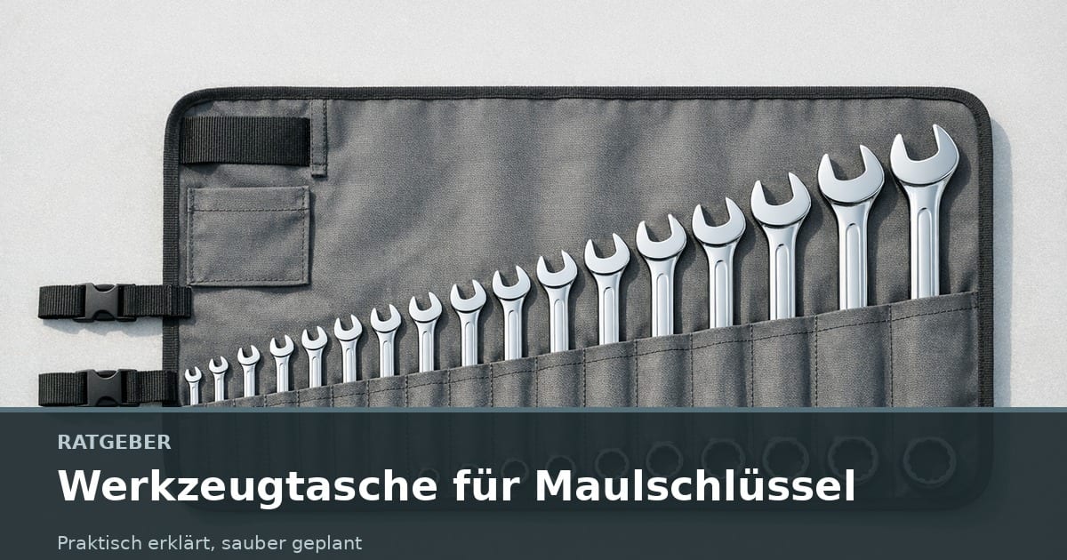 Aufgerollte Stofftasche mit sortierten Gabelschlüsseln in verschiedenen Größen.